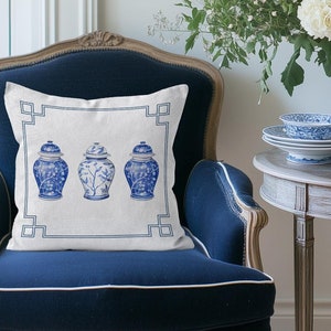 Chinoiserie Ginger Jar Cushion Cover, Blue and White China Ginger Jar Throw Pillow Cover, Grandmillennial Hamptons Pillow Scatter Cushion