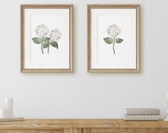 White Hydrangea Bloom Single Watercolor Art Print on Archival Paper, White Flower Poster, New England Modern Country, Floral Wall Art