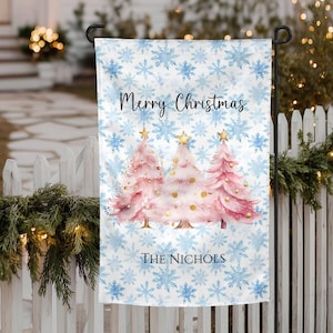 Pink Christmas Garden Flag Personalized Holiday House Banner Custom Last Name Welcome Sign Pink Holiday Decor Double Sided Flag