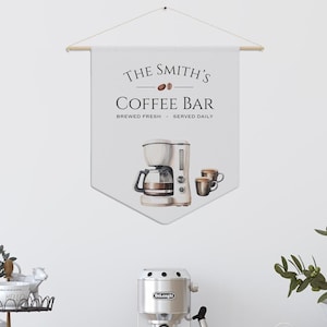 Personalized Coffee Bar Pennant, Custom Name Coffee Station Sign with Coffee Maker, Personalised Coffee Lovers Hanging Wall Banner Flag