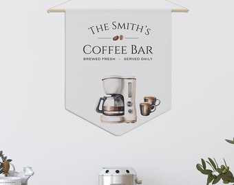 Personalized Coffee Bar Pennant, Custom Name Coffee Station Sign with Coffee Maker, Personalised Coffee Lovers Hanging Wall Banner Flag