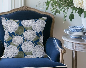 Navy Hydrangea Cushion Cover,  Hydrangea Garden Navy Throw Pillow Cover, Grandmillennial New England Hamptons Scatter Cushion