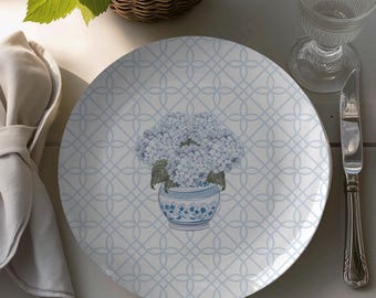 Hydrangea Chinoiserie ThermoSāf® Dinner Plate, Grandmillennial Polymer Picnic Plate, Floral Hostess Plate for Entertaining, Preppy Aesthetic