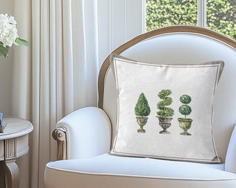 Topiary Tree Chateaux Cushion, Grandmillennial Throw Pillow Scatter Cushion, Preppy Pillow