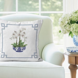 Chinoiserie Orchid Cushion Cover, Orchid in blue and white pot throw pillow cover, Grandmillennial pillow, Scatter Cushion
