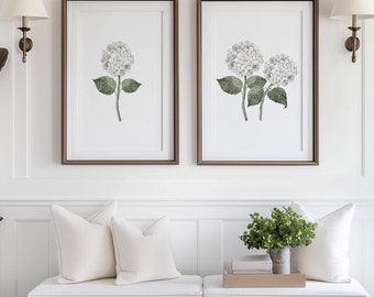 White Hydrangea Double Bloom Watercolor Art Print on Archival Paper, Floral Art Poster, Hydrangea Flower  Modern Country Wall Art