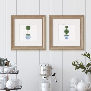 Double Topiary Tree Chinoiserie Watercolor Art Print on Archival Paper, Topiary Poster, Grandmillennial Wall Art