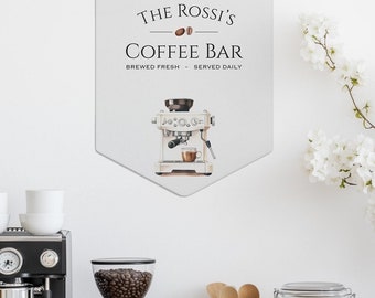 Personalized Coffee Bar Banner, Custom Name Coffee Station Sign with Espresso Machine, Personalised Coffee Lover Hanging Wall Banner Flag