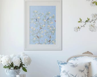 Camellia Garden Art Print Right Side on Serenity Blue, Chinoiserie Floral Poster, Oriental Flowers and Birds French Wall Decor