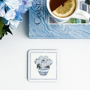 Hydrangea Corkwood Drink Coasters,  Set of 4 Hydrangea Floral Coasters, Chinoiserie Hydrangea Cork Backed Drinks Coasters