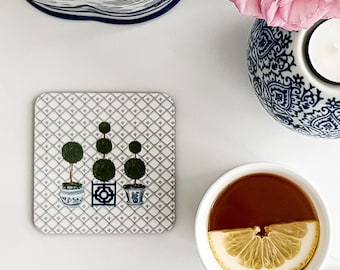 Topiary Tree Drink Coasters,  Set of 4 Chinoiserie Topiary Tree Coasters, Chinoiserie Cork Backed Drinks Coasters