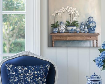 Chinoiserie Ginger Jars Canvas, Orchid in Chinoiserie Bowl Floral Canvas Art, Grandmillennial Wall Art