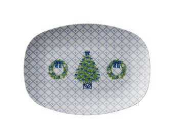 Chinoiserie Christmas Entertaining Platter Blue and White Holiday Serving Tray Holiday Hostess Gift Grandmillennial Christmas Tree Wreath