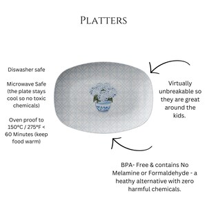 May include: A white oval platter with a blue and white floral design. The platter is dishwasher, microwave, and oven safe. It is also BPA-free and contains no melamine or formaldehyde.
