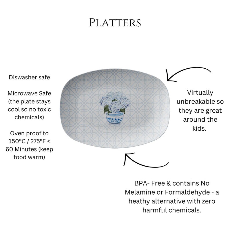 May include: A white oval platter with a blue and white floral design. The platter is dishwasher, microwave, and oven safe. It is also BPA-free and contains no melamine or formaldehyde.