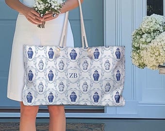 Personalized Ginger Jar Tote Bag, Ginger Jar Weekender Tote Bag with Custom Initials, Chinoiserie Grandmillennial Tote Bag