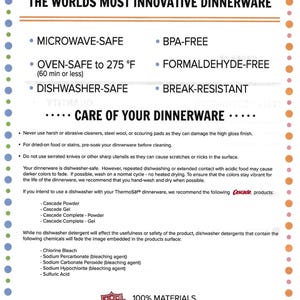May include: Informational graphic for ThermoSaf dinnerware, highlighting features like microwave, oven, and dishwasher safety. Text includes care instructions and recommended cleaning products. Made in the USA.