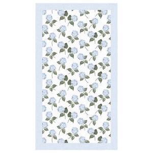 Blue hydrangea flower tablecloth with ticking stripe border for Grandmillennial entertaining