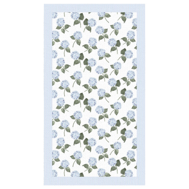 Blue hydrangea flower tablecloth with ticking stripe border for Grandmillennial entertaining