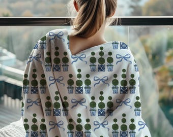Topiary Tree Bow Soft Throw Blanket, Chinoiserie Velveteen Plush Blanket,  Watercolor Garden Lover Cozy Snuggle Blanket