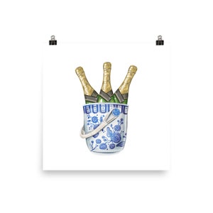 Chinoiserie Champagne Ice Bucket Watercolor Art Print on Archival Paper / Poster / Wall Art image 3