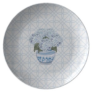 watercolor hydrangeas in chioserei pot plastic plate, outdoors picnic