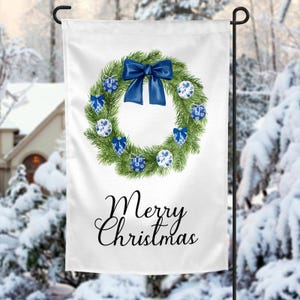 Chinoiserie Christmas Garden Flag Holiday House Banner Merry Christmas Wreath Welcome Sign Preppy Holiday Decor Double Sided Flag