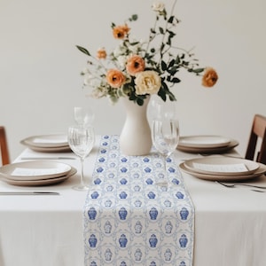 Chinoiserie Ginger Jar Table Runner, Blue and White Table Runner for Entertaining, Elegant Table Runner Decor,  Grandmillennial Table Linens