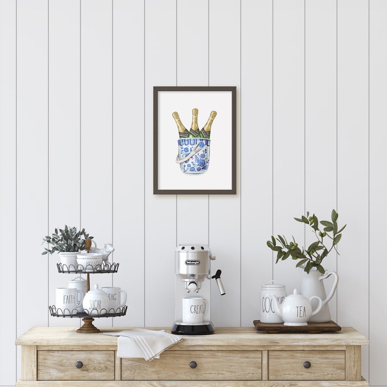 Chinoiserie Champagne Ice Bucket Watercolor Art Print on Archival Paper / Poster / Wall Art image 1