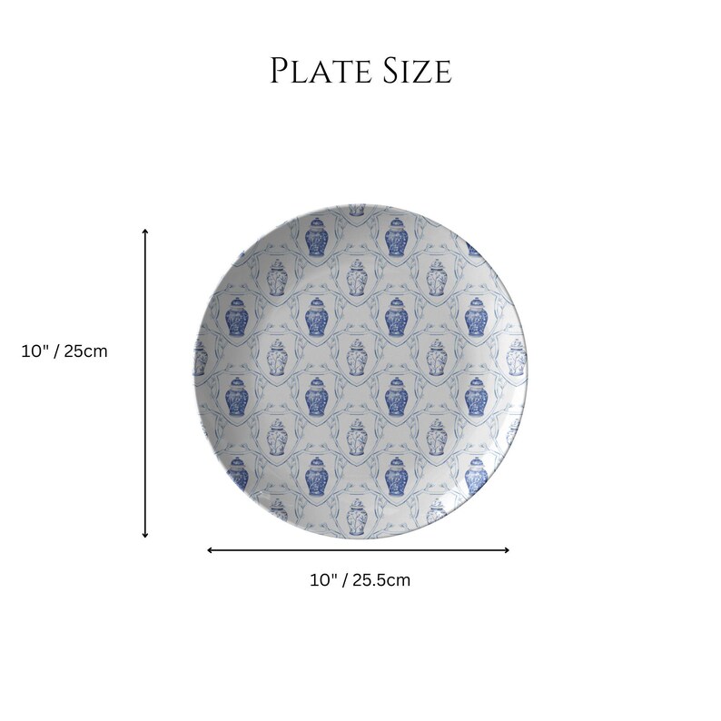 May include: A round white plate with a blue and white vase pattern. The plate is 10 inches in diameter. The text "PLATE SIZE" is at the top.