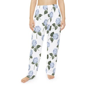 Hydrangea Blue Womens Pyjama Pants, Hydrangea Floral Long Pajama Pants, Flower Sleepwear Pants, Bridesmaid PJ Set