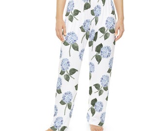 Hydrangea Blue Womens Pyjama Pants, Hydrangea Floral Long Pajama Pants, Flower Sleepwear Pants, Bridesmaid PJ Set