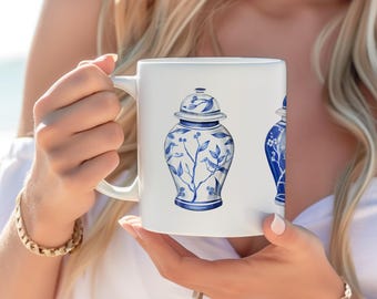 Ginger Jar Ceramic Mug,  Chinoiserie Ginger Jar Grandmillenial Mug,  Blue and White China Mug