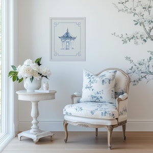 Pagoda 3 Chinoiserie Art Print, Oriental Blue and White Pagoda Poster, Grandmillennial Wall Decor