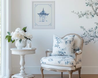 Pagoda 3 Chinoiserie Art Print, Oriental Blue and White Pagoda Poster, Grandmillennial Wall Decor
