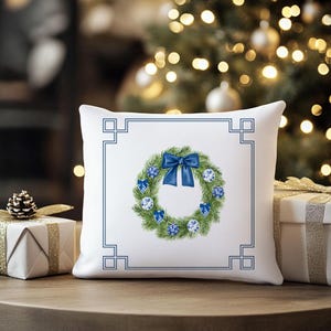Chinoiserie Christmas Pillow Blue Christmas Wreath Holiday Throw Pillow Preppy Grandmillennial Festive Holiday Decor Elegant Blue Christmas
