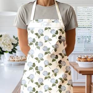 Personalized Blue Hydrangea Apron, Floral Kitchen Apron Gift for Hostess, Custom Name Cute Cooking Apron