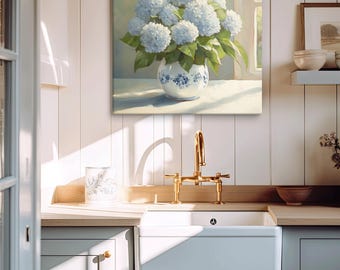 Blue Hydrangeas Canvas Art, Hydrangeas By Window Oil Painting Canvas Print, Grandmillennial Square Art Canvas, Cottagecore Art