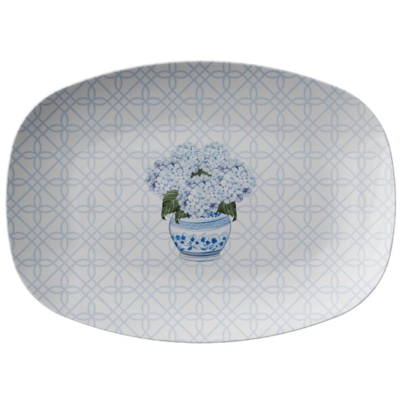 Hydrangea Chinoiserie ThermoSāf® Entertaining Platter, Blue Hydrangea Flower Grandmillennial Picnic Tray, Flower Lover Hostess Plate