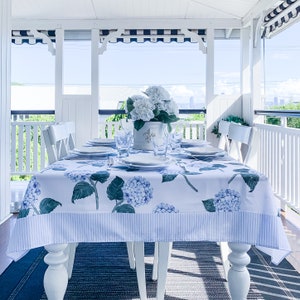 Blue Hydrangea Flower Tablecloth, Floral Table Cloth for Entertaining, Elegant Table Dining Decor,  Grandmillennial Table Linens