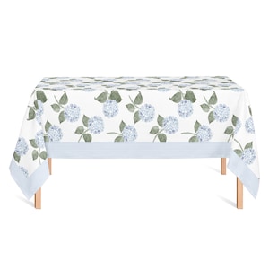 Blue hydrangea flower tablecloth with ticking stripe border for Grandmillennial entertaining