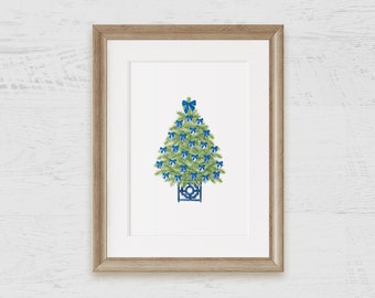 Chinoiserie Christmas Tree Watercolor Art Print on Archival Paper