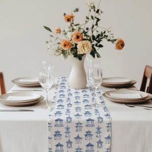 Chinoiserie Pagoda Table Runner, Blue and White Table Runner for Entertaining, Elegant Table Runner Decor,  Grandmillennial Table Linens