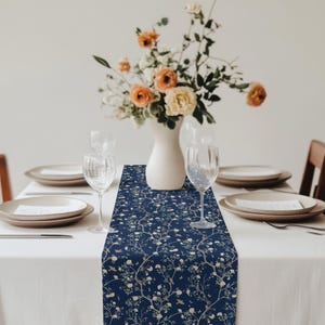 Chinoiserie Camellia Navy Table Runner, Floral Table Runner for Entertaining, Elegant Table Runner Decor,  Grandmillennial Table Linens