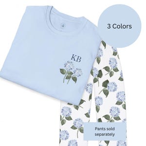 Personalized Blue Hydrangea Sleepwear T-Shirt, Custom Initials Softstyle Sleep Tee,  Grandmillennial Aesthetic