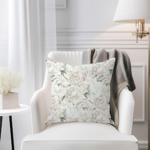 Peony Flower White Cushion Cover, White Roses Throw Pillow Cover, Floral Peonies Throw Pillow, Flower Scatter Cushion