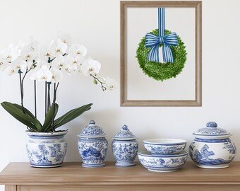 Boxwood Wreath Art Print Blue Striped Bow, Grandmillennial Art Print, Garden Lover Poster