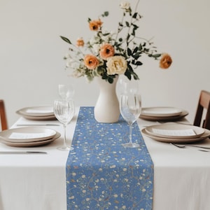 Chinoiserie Camellia Blue Table Runner, Floral Table Runner for Entertaining, Elegant Table Runner Decor,  Grandmillennial Table Linens