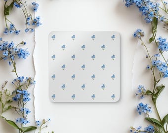 Forget Me Not Drink Coasters,  Set of 4 Forget Me Not Floral Coasters, Country Flowers Cork Backed Drinks Coasters