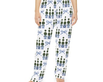 Topiary Tree Womens Pyjama Pants, Blue Bow Long Pajama Pants, Garden Lover Sleepwear Pants, PJs for Mom